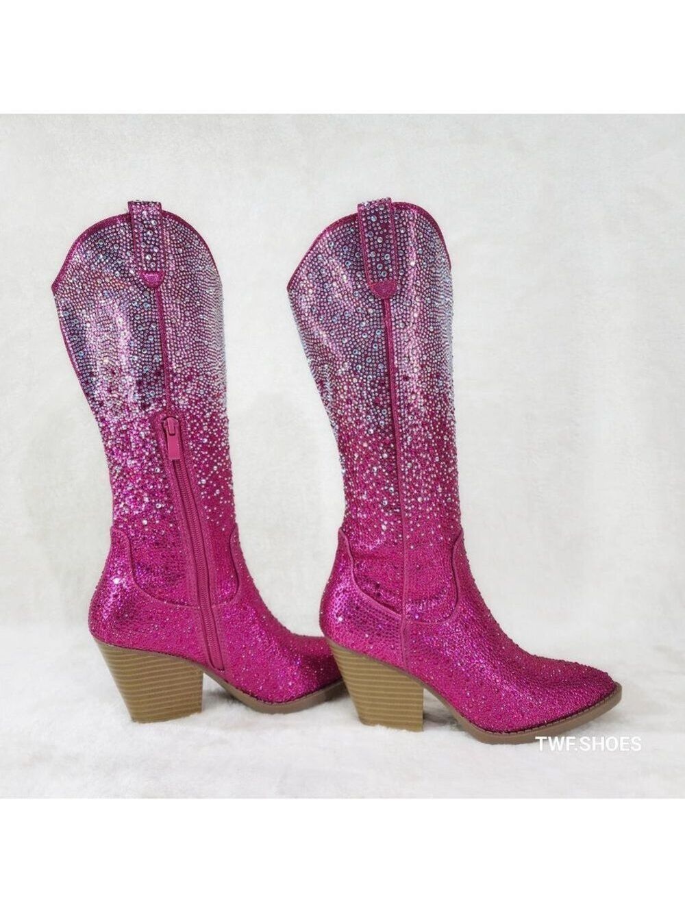 Posh Wild Ones Fuchsia Ombre Rhinestone Western Cowgirl Knee Boots Hot Pink - Picture 9 of 17